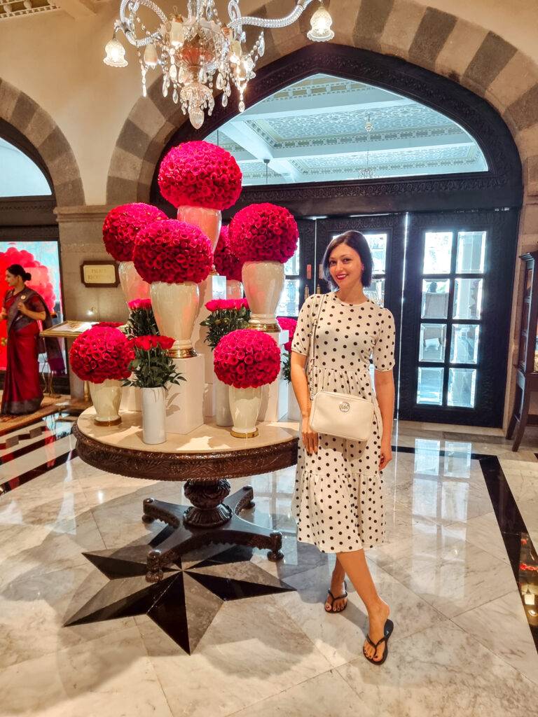 Reception at Taj Mahal Palace Hotel is beautifully decorated with fresh flowers.