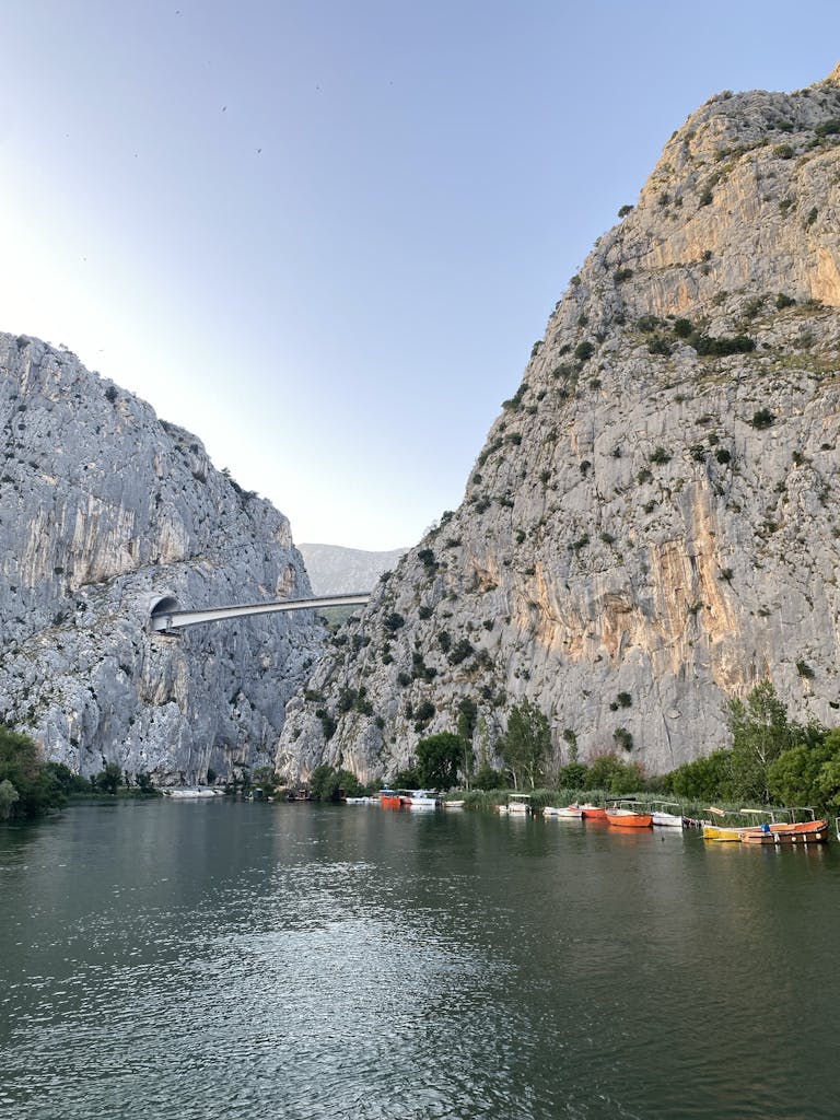 Dramatic view of Cetina Canyon with a bridge in Omiš, Croatia.