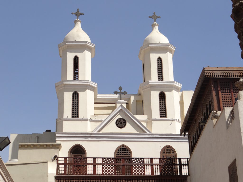 The Hanging Church, an iconic Coptic Christian landmark in Cairo, Egypt, known for its twin bell towers.